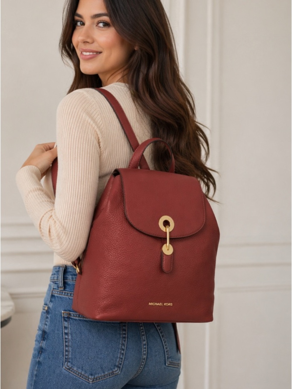 Medium Michael Kors Raven Grained Leather Backpack with Gold Accents